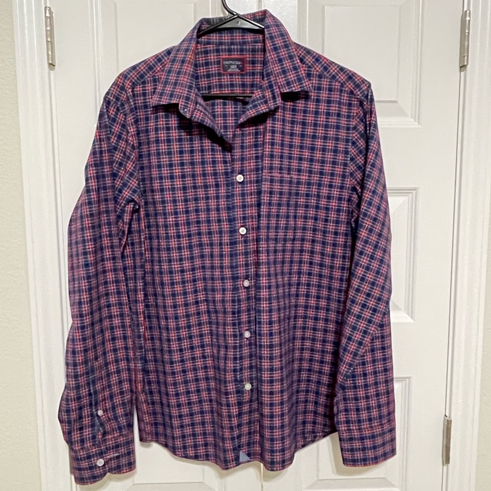 Untuckit large slim fit plaid button down wrinkle free shirt